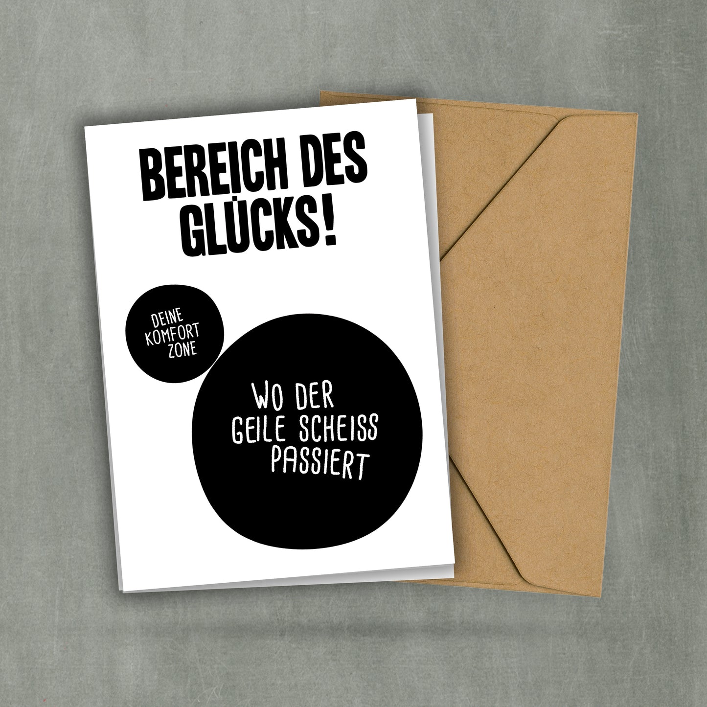 Postkarte Bereich des Glücks - Wo der geile Sch*** passiert - Motivation - Coaching mit Humor- Miniprint - A6 - 2 Karten und 1 Umschlag