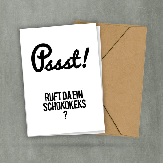 Postkarte mit Spruch - Pssst ruft da ein Schokokeks - Für alle Naschkatzen - Küchenspruch - Kleiner Print - 2 Karten und 1 Umschlag